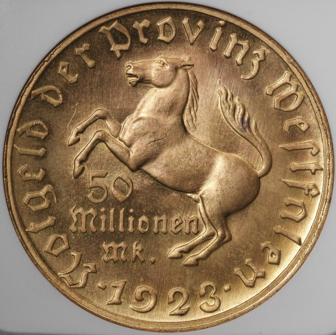 修遠堂世界钱币第五十七期 NGC MS64 1923年德国紧急时期威斯特法伦5000万马克铜鎏金大马币