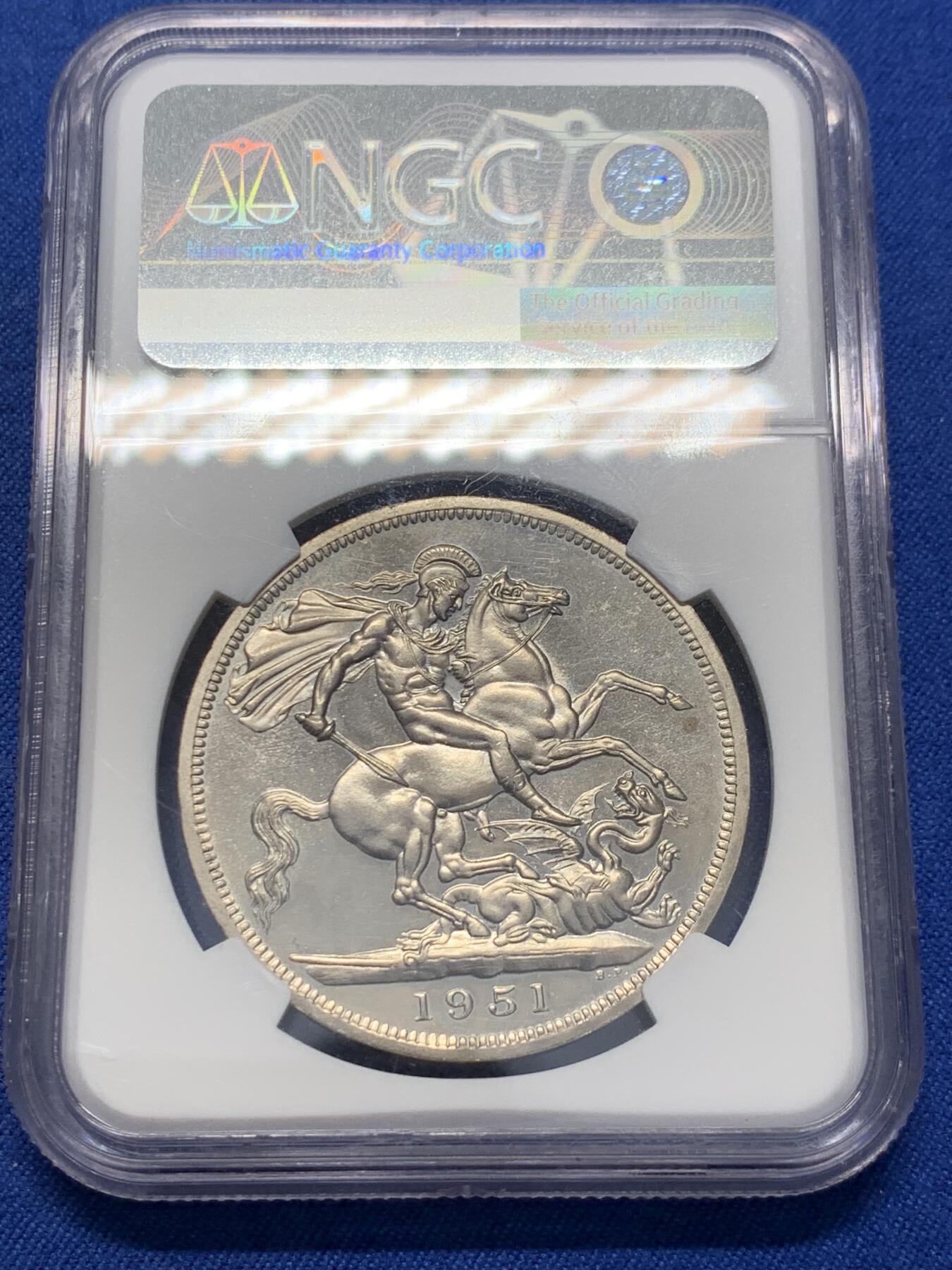 《竞宝斋》第351场 周日，周一 2场连拍 （全场包邮） NGC Proof like cleaned 英国 1951年精制马剑1克朗