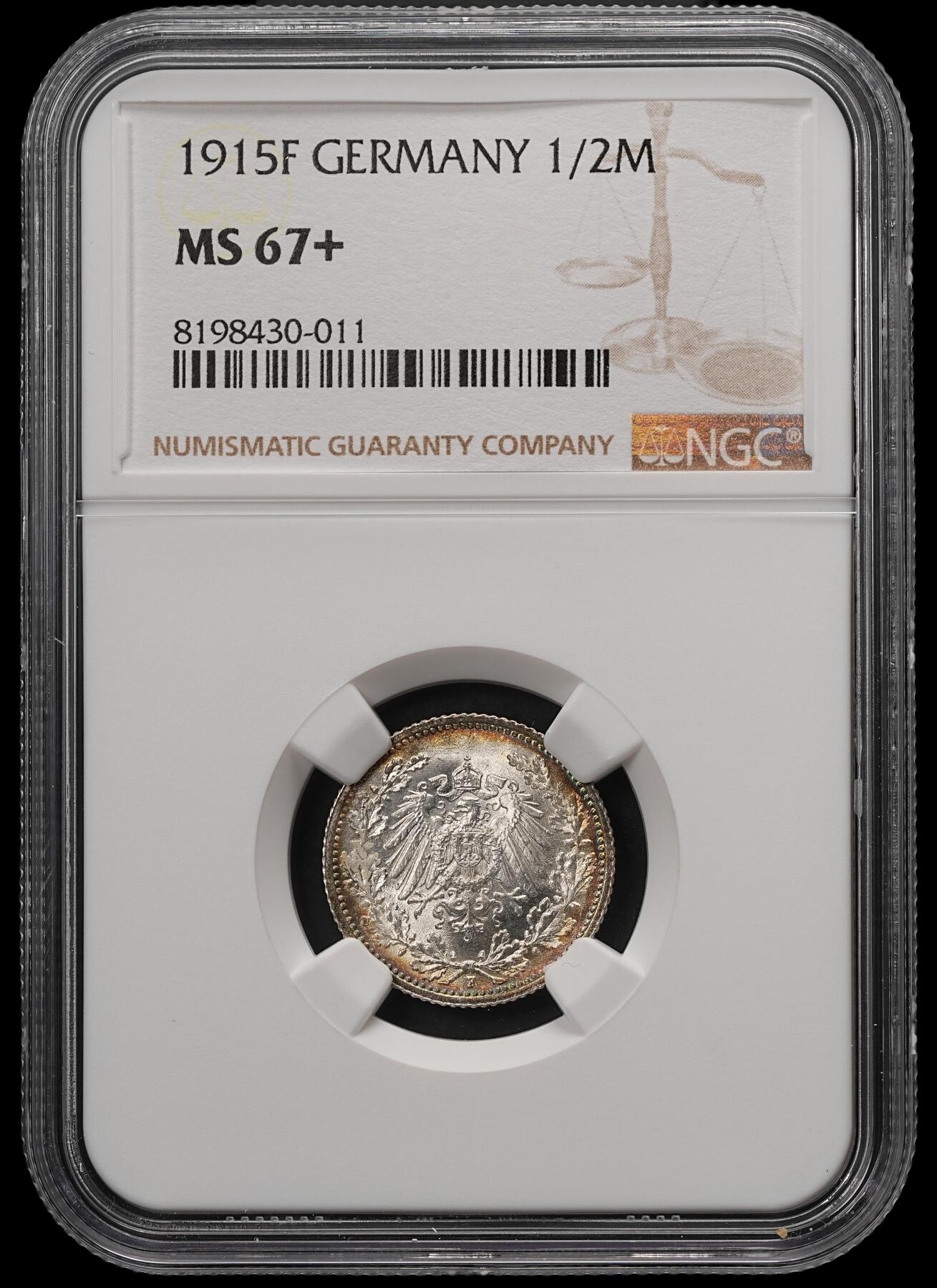 修遠堂世界钱币第五十七期 NGC MS67+ 1915年德国1/2马克银币 环彩顶级状态 F厂铭