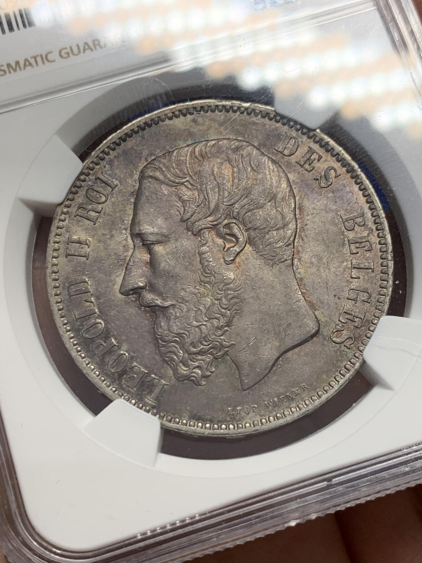 《竞宝斋》第351场 周日，周一 2场连拍 （全场包邮） NGC MS62 比利时1873年利奥波德二世5法郎银币 原味深包浆
