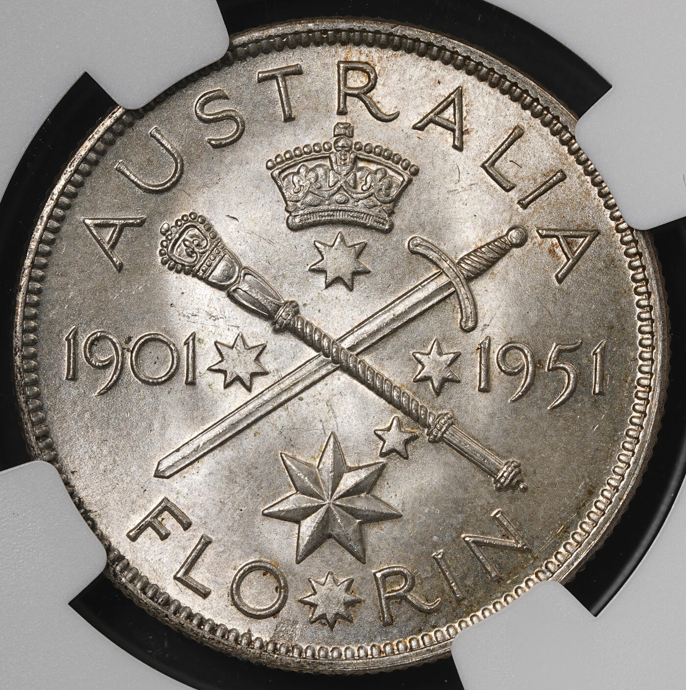 修遠堂世界钱币第五十七期 NGC MS64 1951年澳大利亚联邦50周年纪念1弗罗林银币