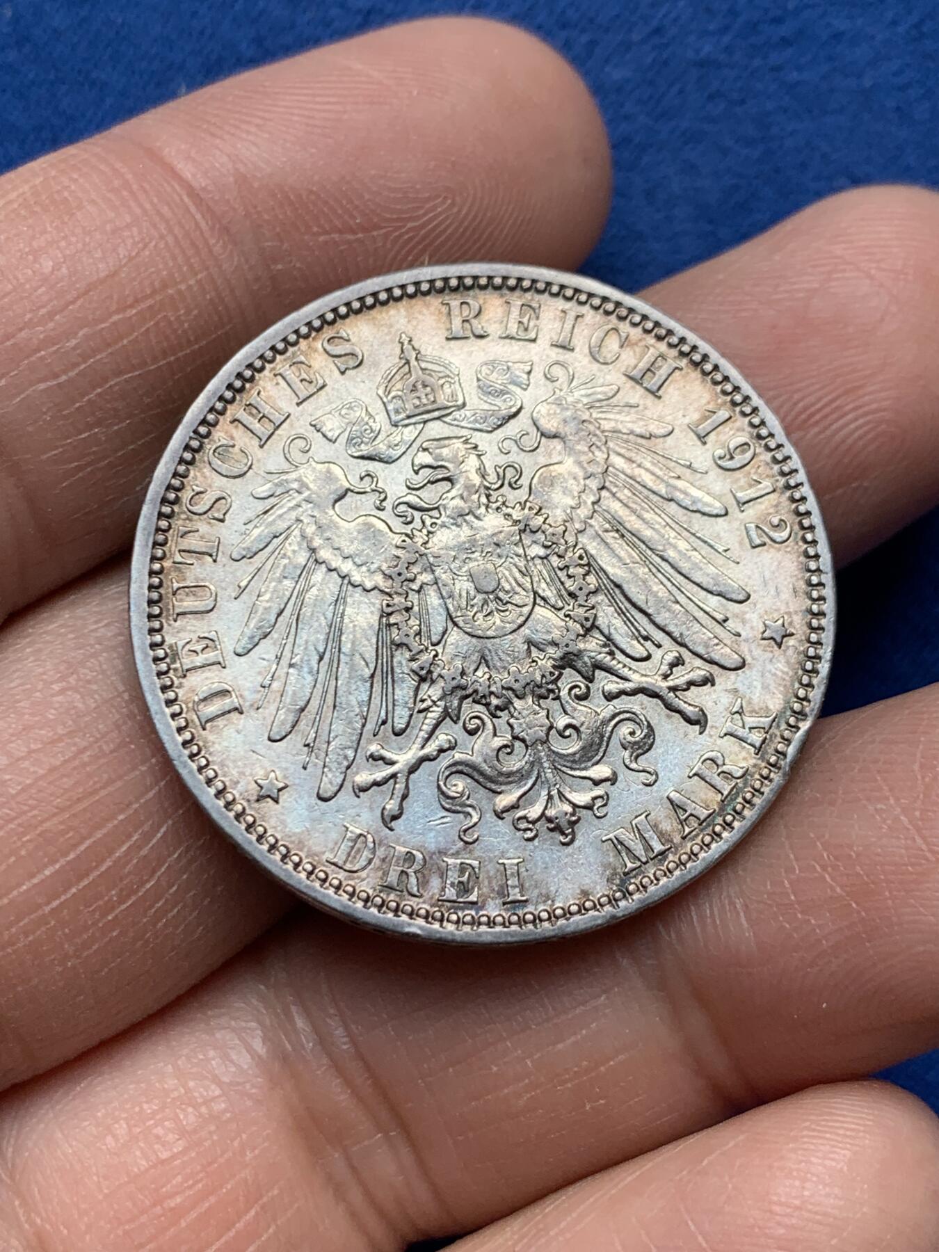 《竞宝斋》第351场 周日，周一 2场连拍 （全场包邮） 德国1912年汉堡双狮3马克银币