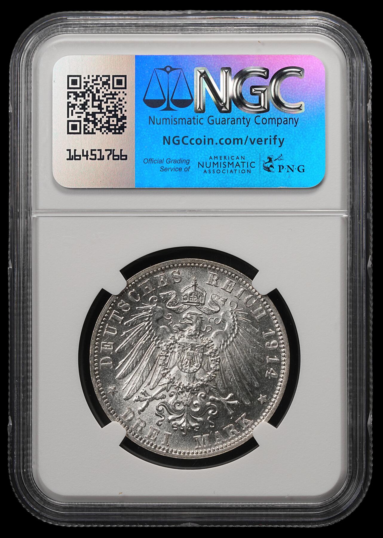 修遠堂世界钱币第五十七期 NGC MS63 1914巴伐利亚3马克银币 流通马克MS较少见