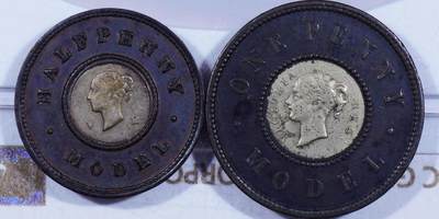 1844年英国维多利亚女王青年像1便士/半便士 双金属样币、MODEL试机币 - 1844年英国维多利亚女王青年像1便士/半便士 双金属样币、MODEL试机币
