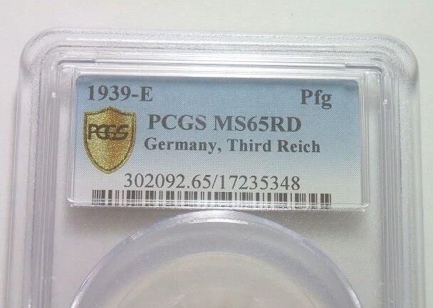 金盾PCGS MS65RD 德国第三帝国1939年E版1芬尼 难得开卷原光
