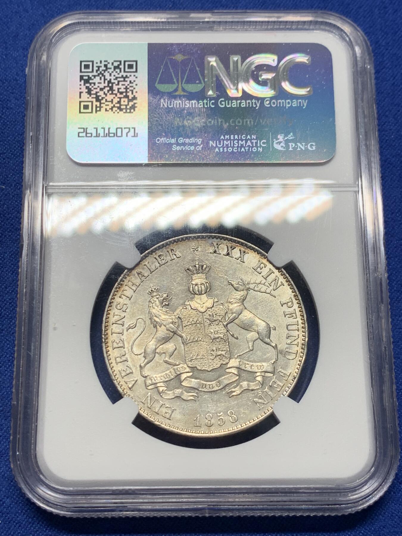 《竞宝斋》第351场 周日，周一 2场连拍 （全场包邮） NGC UNC 德国1858年符腾堡狮鹿版 联合泰勒银币 性价比之选 该款比较难见到的年份