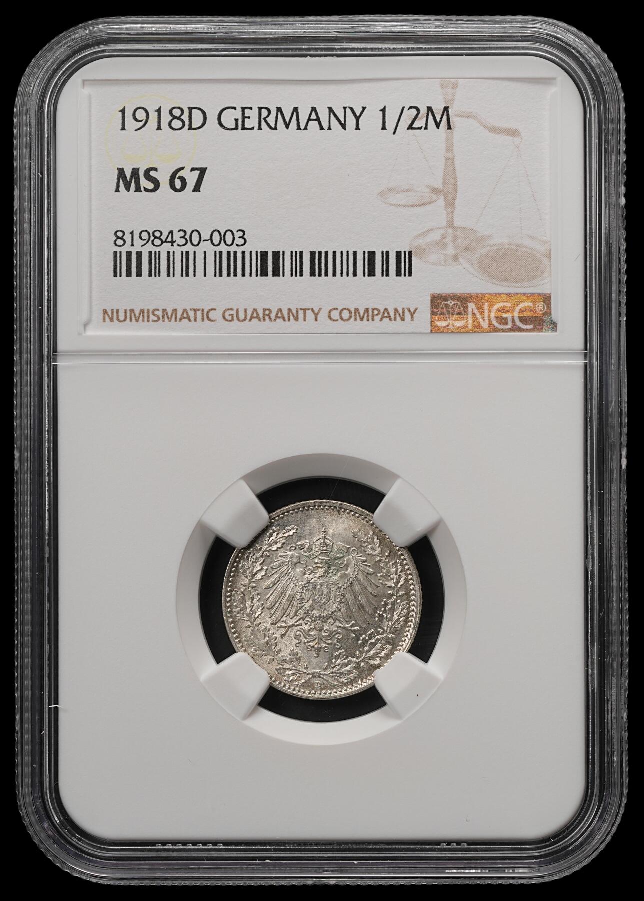 修遠堂世界钱币第五十七期 NGC MS67 1918年德国1/2马克银币 D厂铭