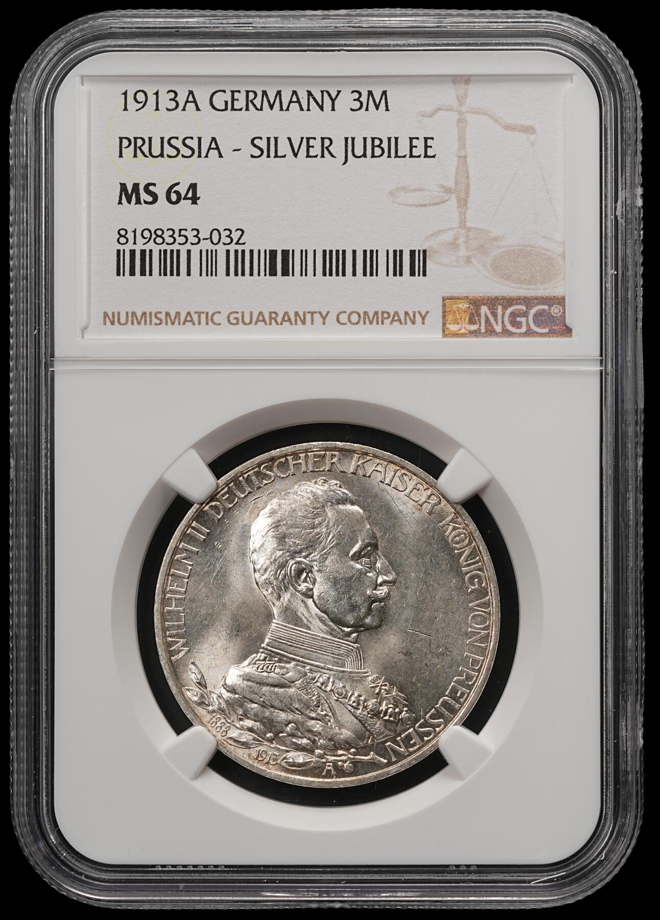 修遠堂世界钱币第五十七期 NGC MS64 1913年普鲁士威廉二世执政25周年纪念3马克银币