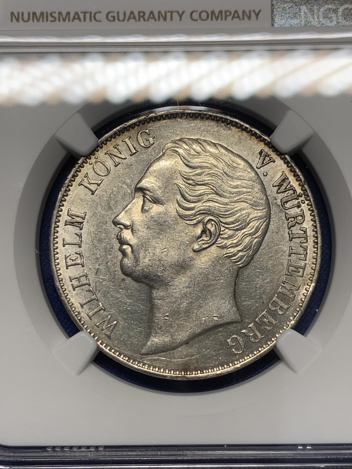 《竞宝斋》第351场 周日，周一 2场连拍 （全场包邮） NGC UNC 德国1858年符腾堡狮鹿版 联合泰勒银币 性价比之选 该款比较难见到的年份