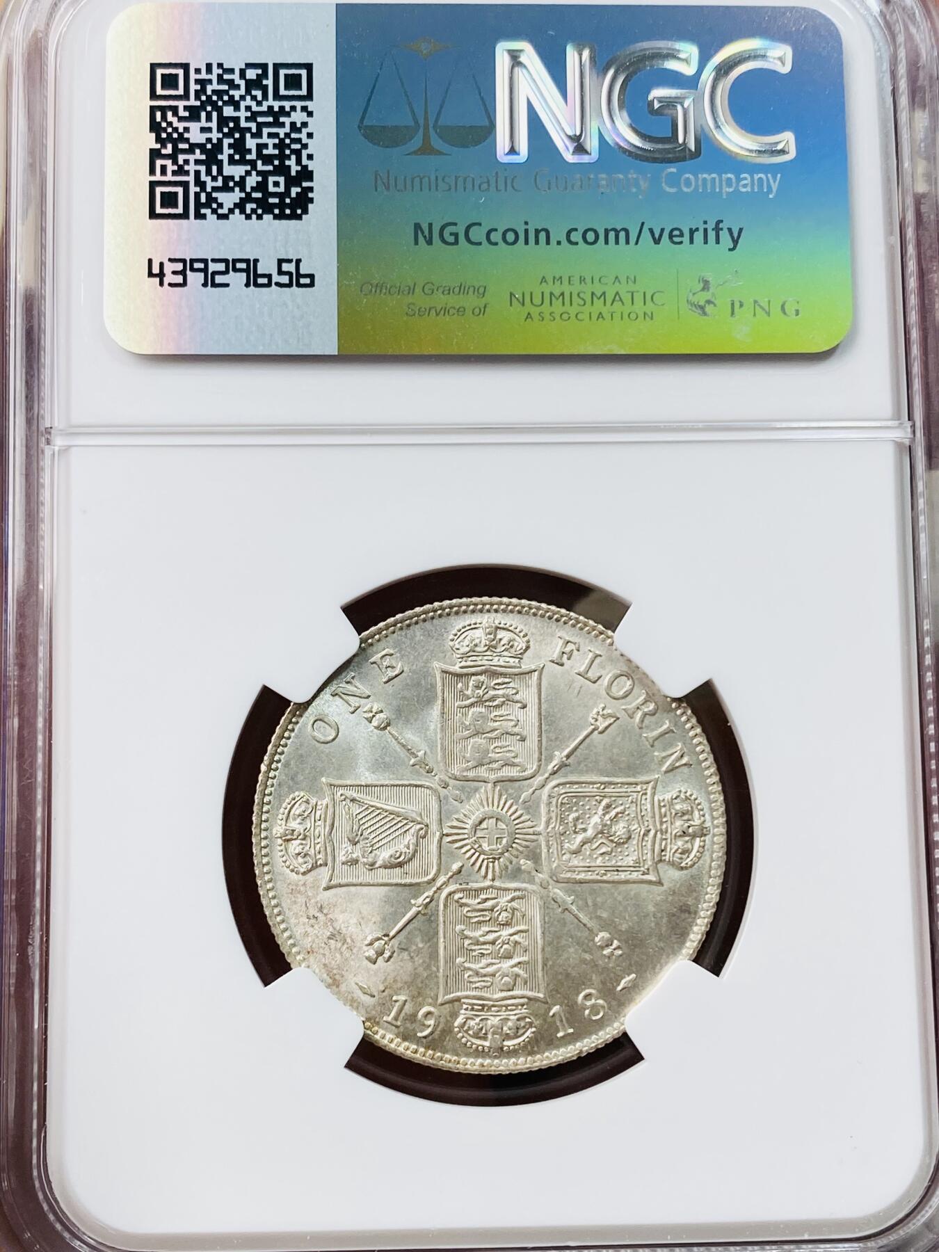 万国钱币拍卖第042期（蛇年首拍） NGC MS63 1918年英国乔治五世2先令银币 原光原味
