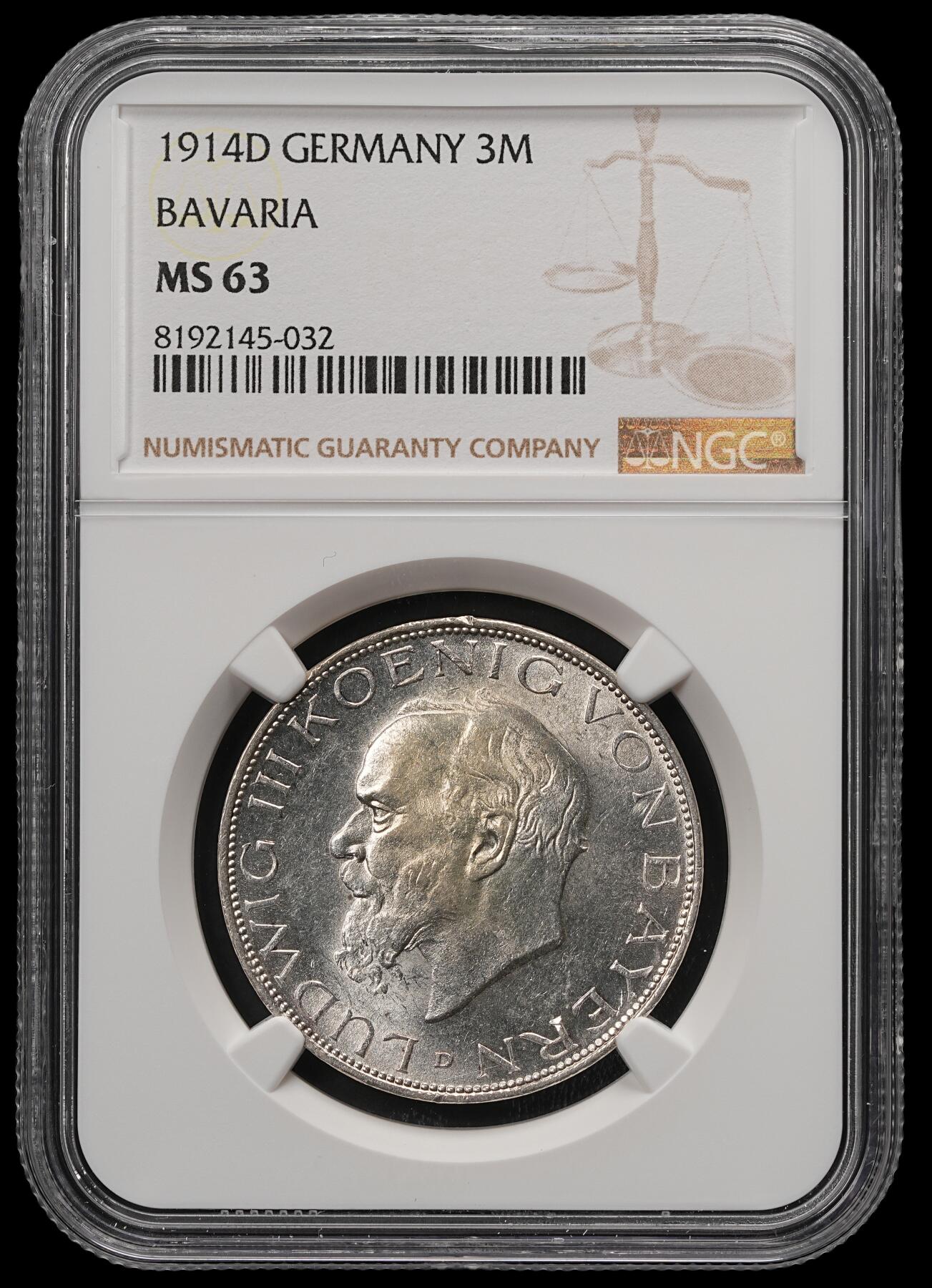 修遠堂世界钱币第五十七期 NGC MS63 1914巴伐利亚3马克银币 流通马克MS较少见