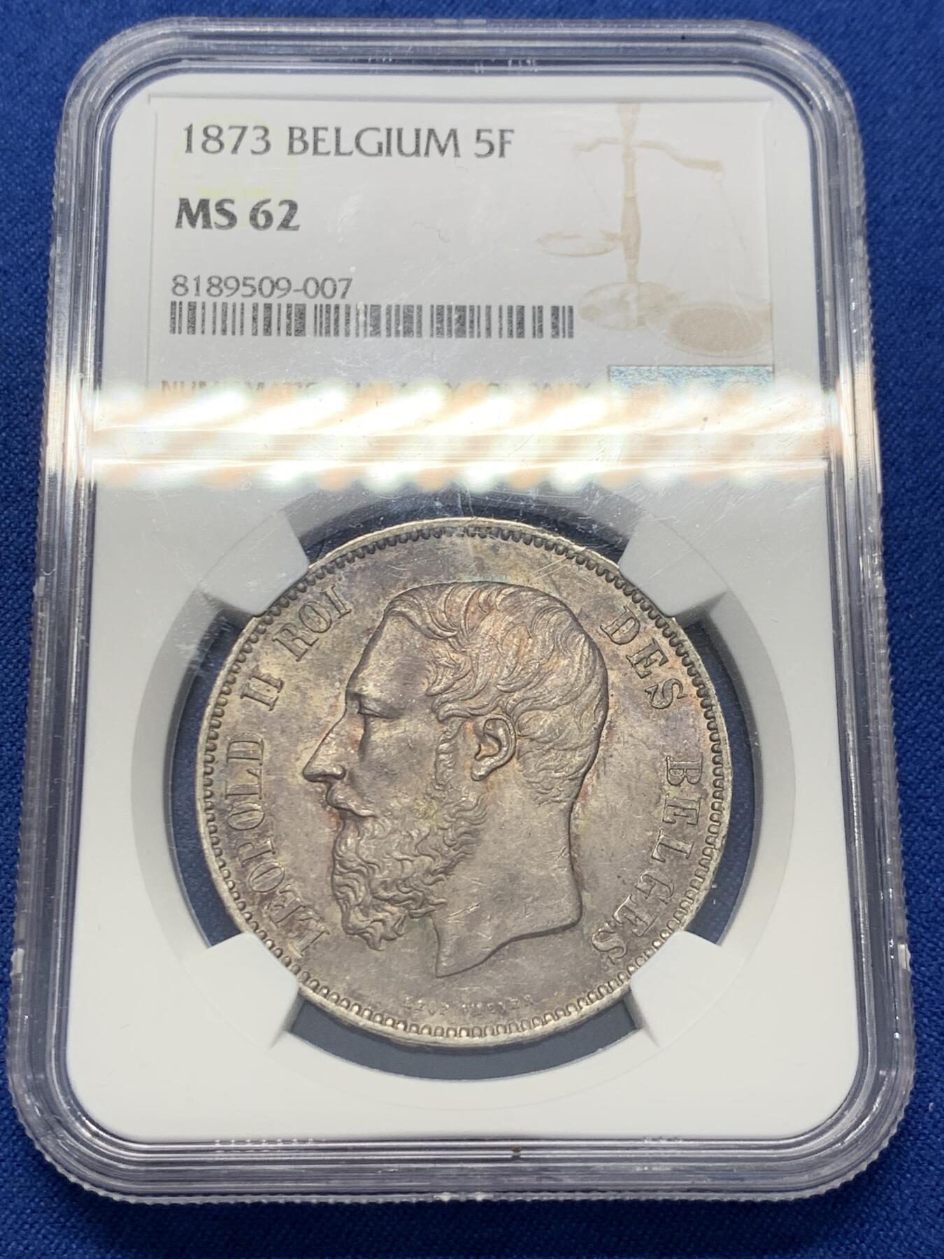《竞宝斋》第351场 周日，周一 2场连拍 （全场包邮） NGC MS62 比利时1873年利奥波德二世5法郎银币 原味深包浆