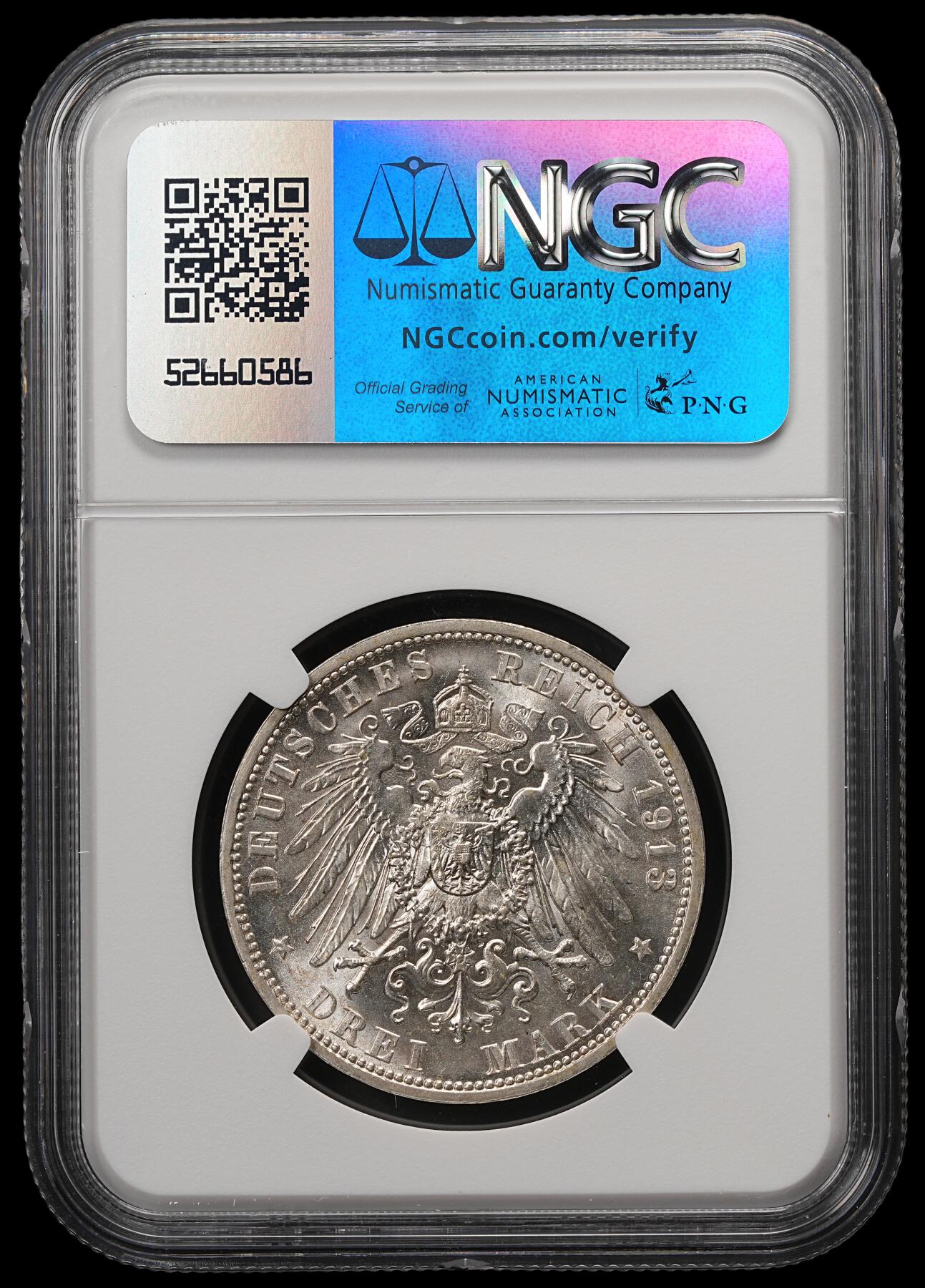 修遠堂世界钱币第五十七期 NGC MS64 1913年普鲁士威廉二世执政25周年纪念3马克银币