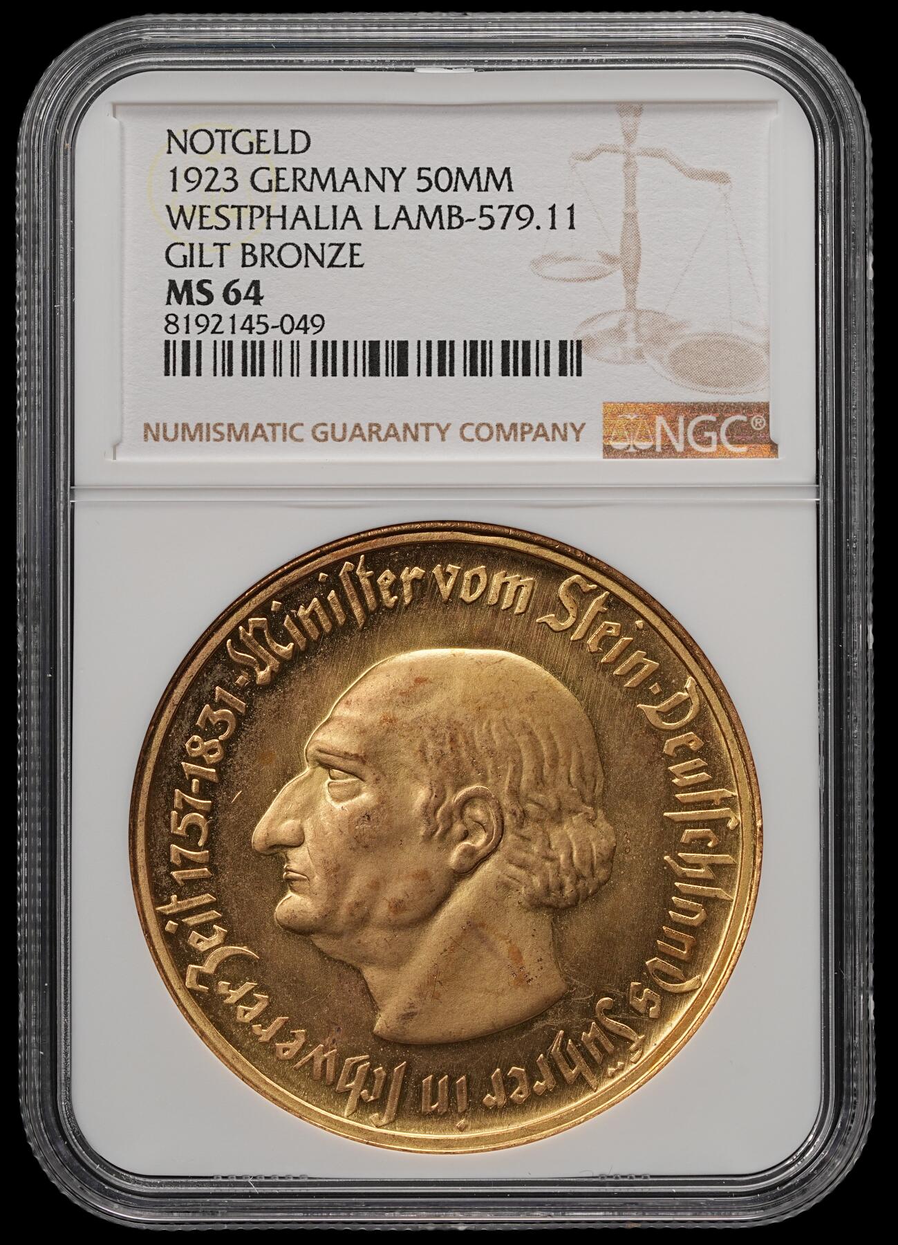 修遠堂世界钱币第五十七期 NGC MS64 1923年德国紧急时期威斯特法伦5000万马克铜鎏金大马币