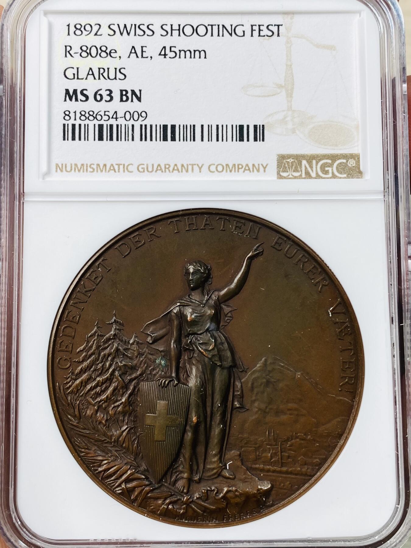 万国钱币拍卖第042期（蛇年首拍） NGC MS63 1892年瑞士格拉斯射击节纪念大铜章 厚重原味格拉斯女神