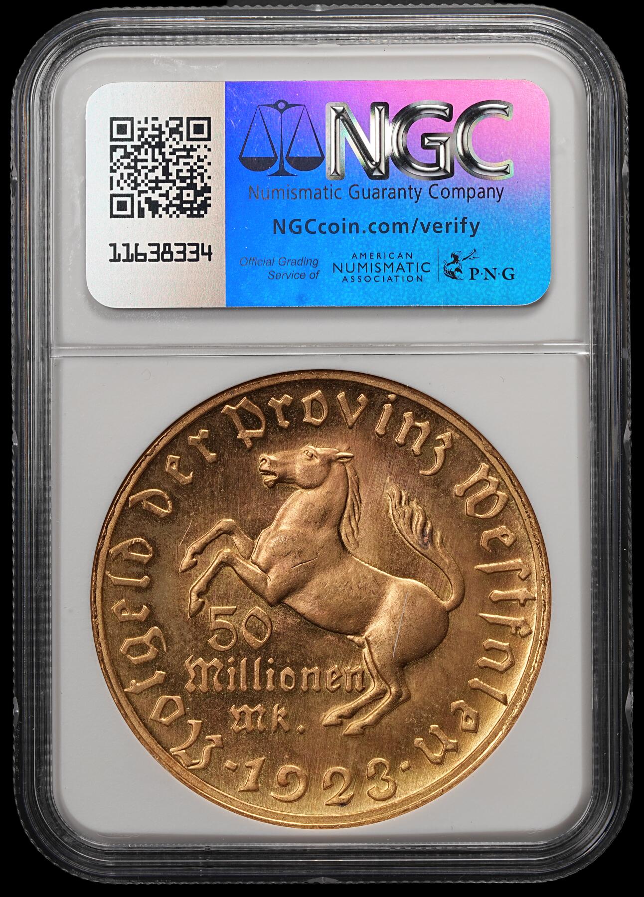 修遠堂世界钱币第五十七期 NGC MS64 1923年德国紧急时期威斯特法伦5000万马克铜鎏金大马币