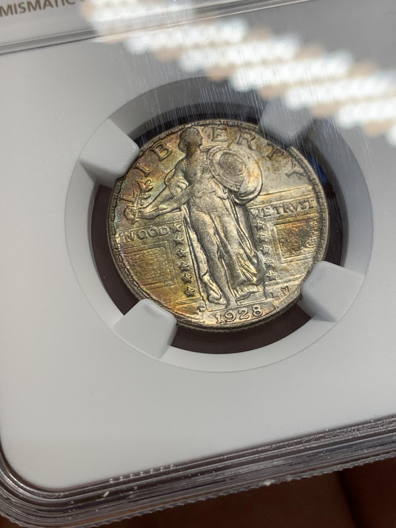 《竞宝斋》第351场 周日，周一 2场连拍 （全场包邮） NGC AUD 美国1928年“站立自由区”（鹰下之星）25美分银币