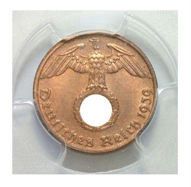 金盾PCGS MS65RB 德国第三帝国1939年G版1芬尼 难得开卷原光