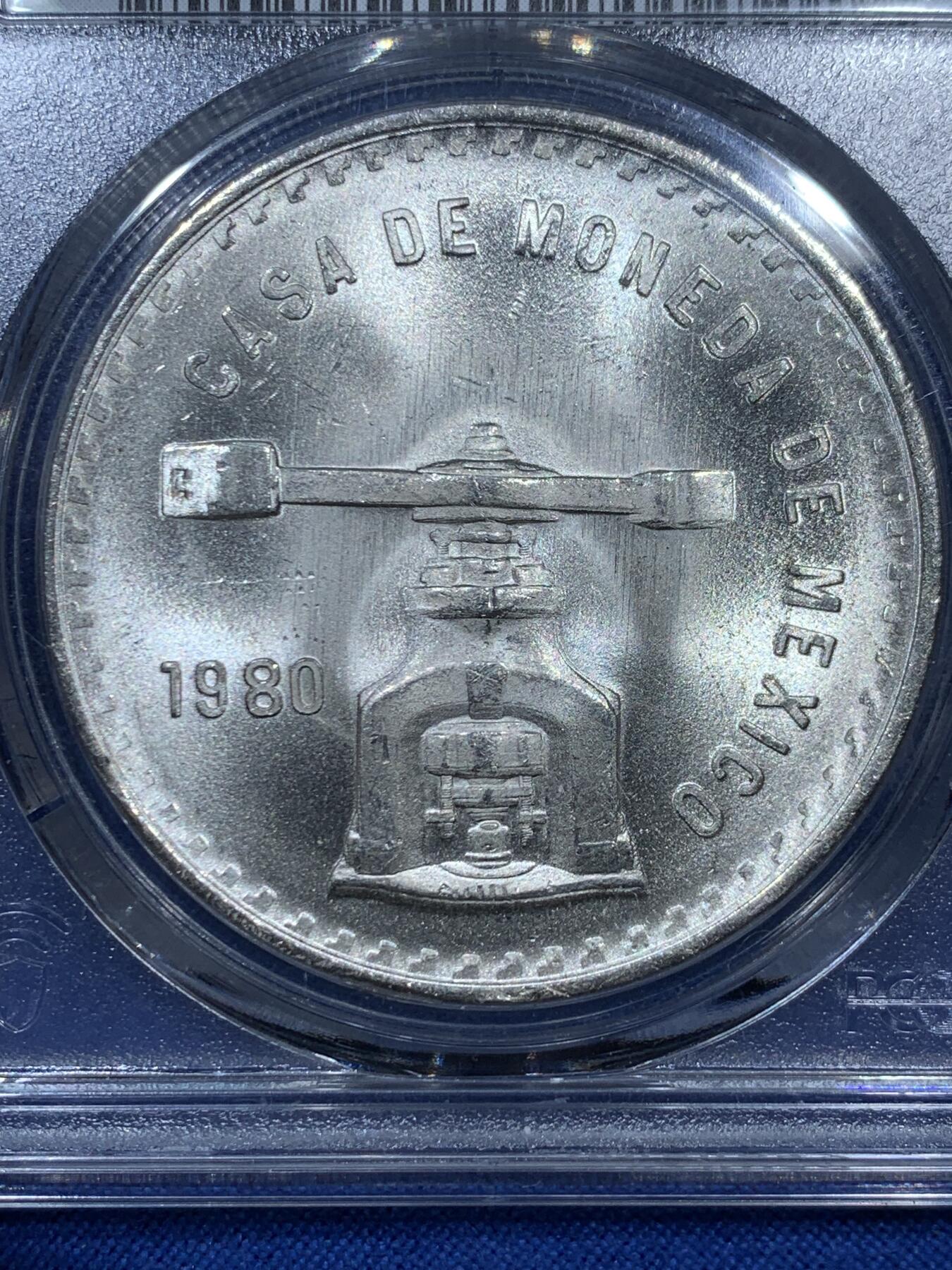 《竞宝斋》第351场 周日，周一 2场连拍 （全场包邮） PCGS MS65 墨西哥1980年天平铸币机一盎司银币