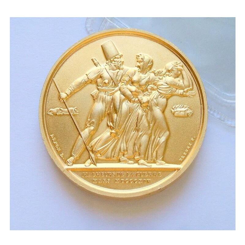 法国纪念1814年 拿破仑战争+雄鹰高浮雕精制大镀金章 40MM