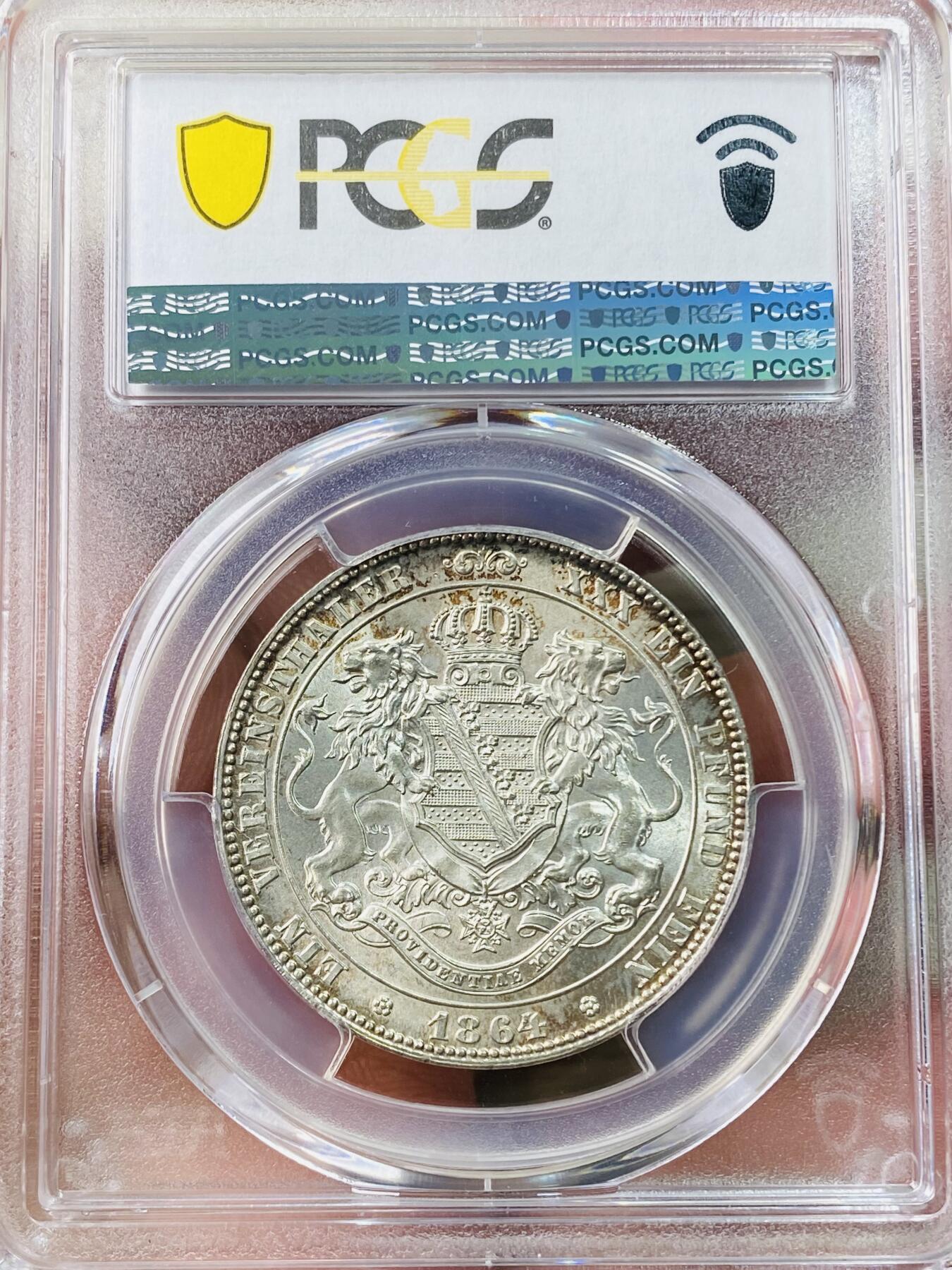 万国钱币拍卖第042期（蛇年首拍） PCGS MS63 1864年德国萨克森双狮盾徽流通1泰勒 经典流通品种 丝滑黄油转光