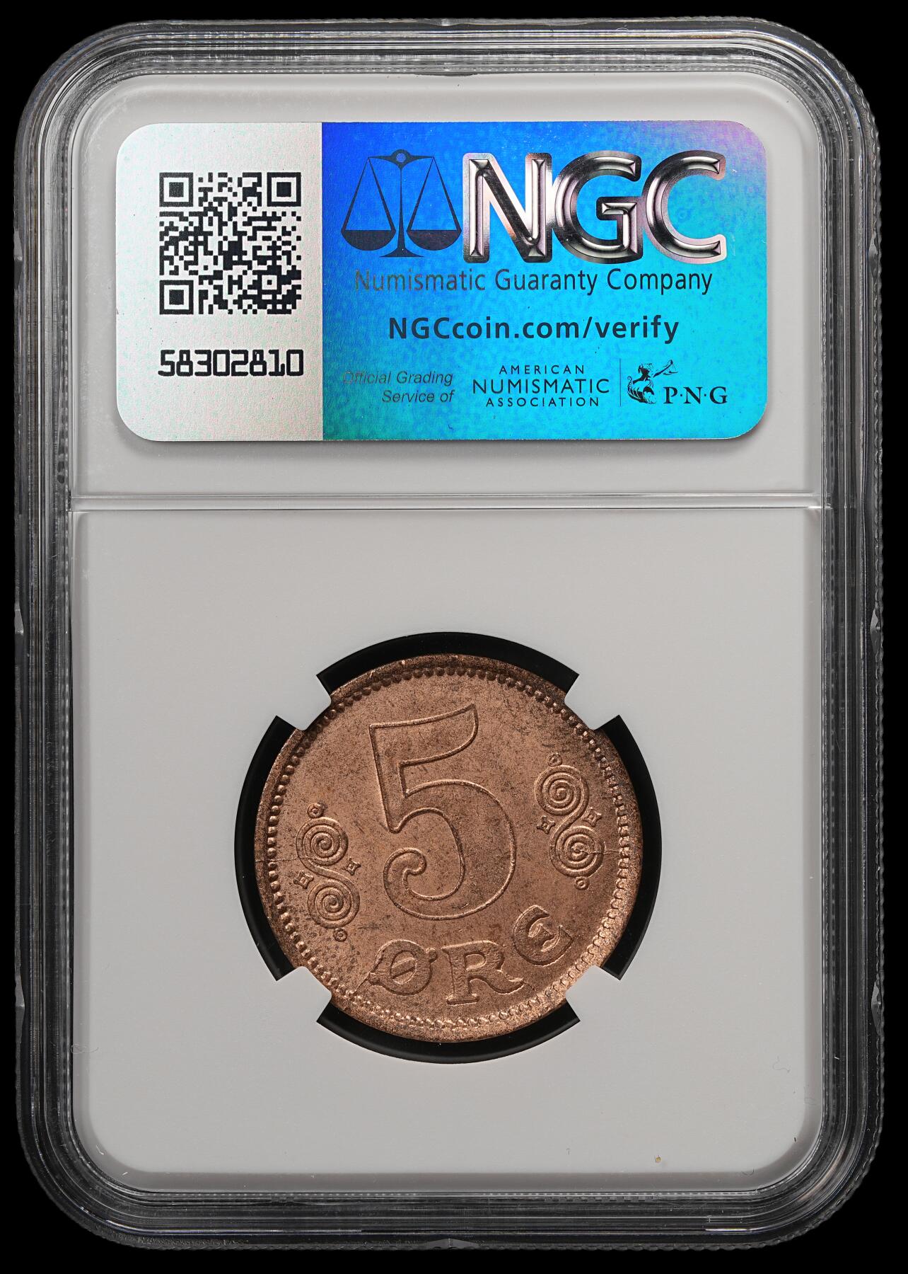修遠堂世界钱币第五十七期 NGC MS64RB 1916年丹麦5欧尔铜币 较少见年份 铸造量只有80多万枚