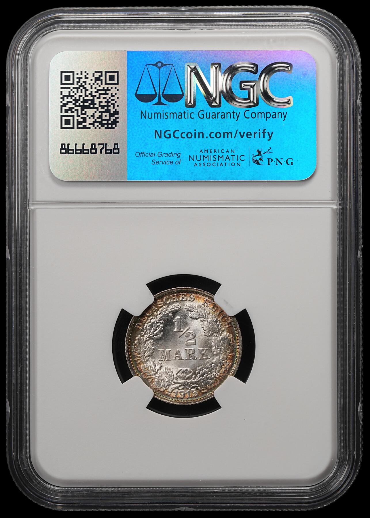 修遠堂世界钱币第五十七期 NGC MS67+ 1915年德国1/2马克银币 环彩顶级状态 F厂铭