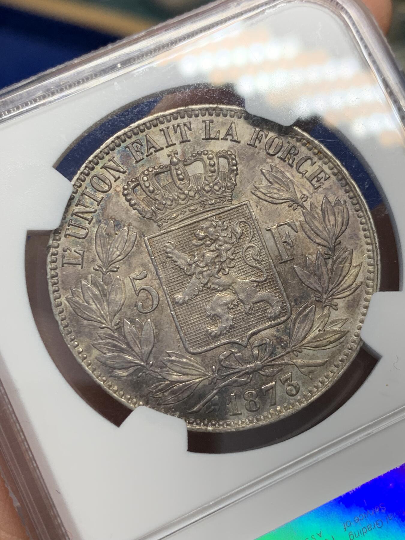 《竞宝斋》第351场 周日，周一 2场连拍 （全场包邮） NGC MS62 比利时1873年利奥波德二世5法郎银币 原味深包浆