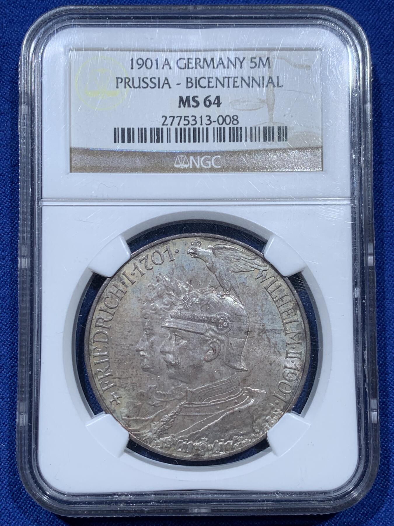 《竞宝斋》第351场 周日，周一 2场连拍 （全场包邮） NGC MS64 德国普鲁士1901年建国200年 5马克银币 N盒老标签 PL底板不错
