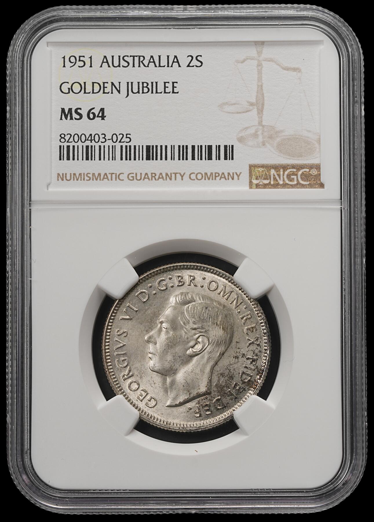 修遠堂世界钱币第五十七期 NGC MS64 1951年澳大利亚联邦50周年纪念1弗罗林银币