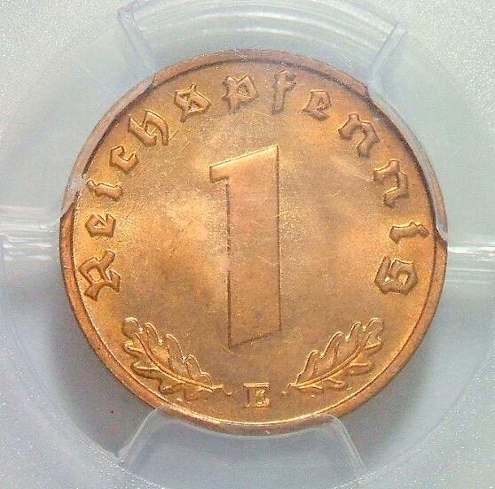 金盾PCGS MS65RD 德国第三帝国1939年E版1芬尼 难得开卷原光