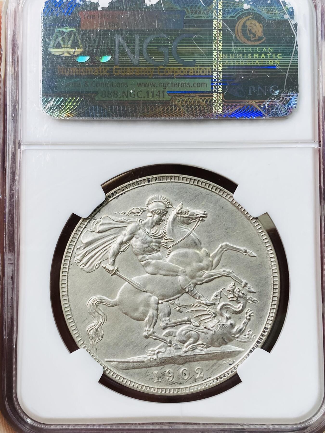 万国钱币拍卖第042期（蛇年首拍） NGC PF63 1902年英国爱德华七世1克朗马剑大银 经典品种 精制MATTE