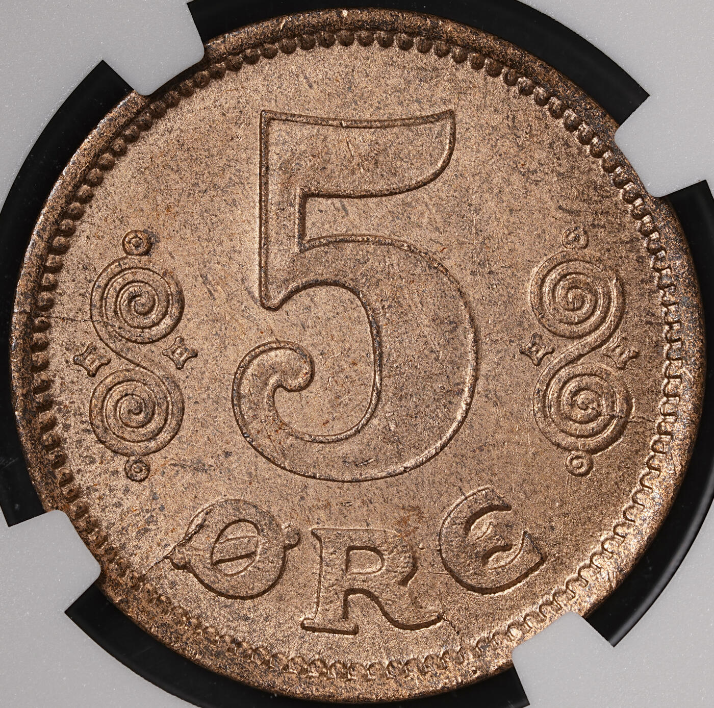 修遠堂世界钱币第五十七期 NGC MS64RB 1916年丹麦5欧尔铜币 较少见年份 铸造量只有80多万枚