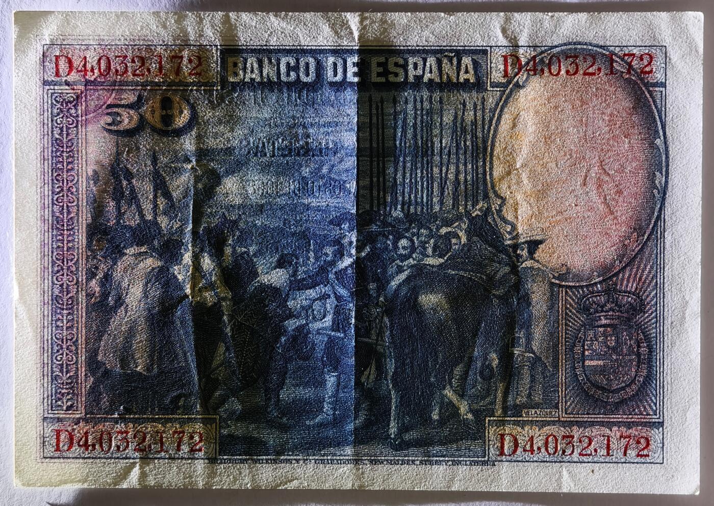 紫瑗钱币——第519期——纸币场 西班牙 1928年 油画《布雷达的献城》50比塞塔 UNC软折 (P-75b)