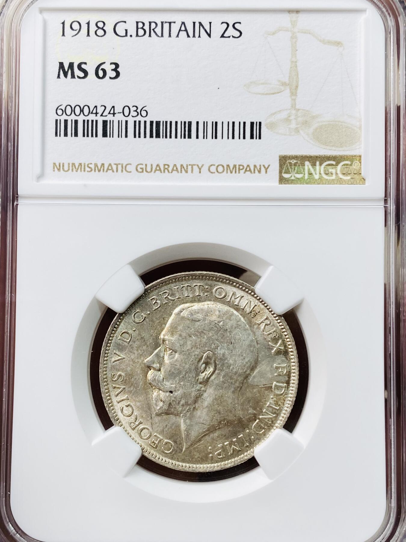 万国钱币拍卖第042期（蛇年首拍） NGC MS63 1918年英国乔治五世2先令银币 原光原味