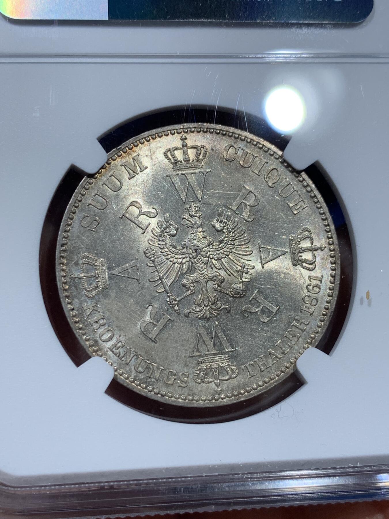 《竞宝斋》第351场 周日，周一 2场连拍 （全场包邮） NGC MS61 德国威廉一世经典毛衣泰勒银币 普鲁士1861年登基泰勒