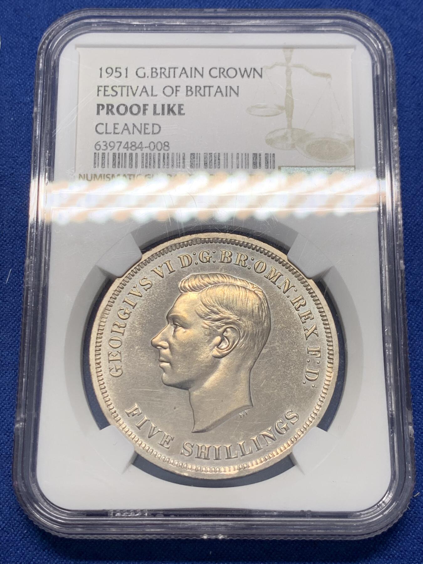 《竞宝斋》第351场 周日，周一 2场连拍 （全场包邮） NGC Proof like cleaned 英国 1951年精制马剑1克朗