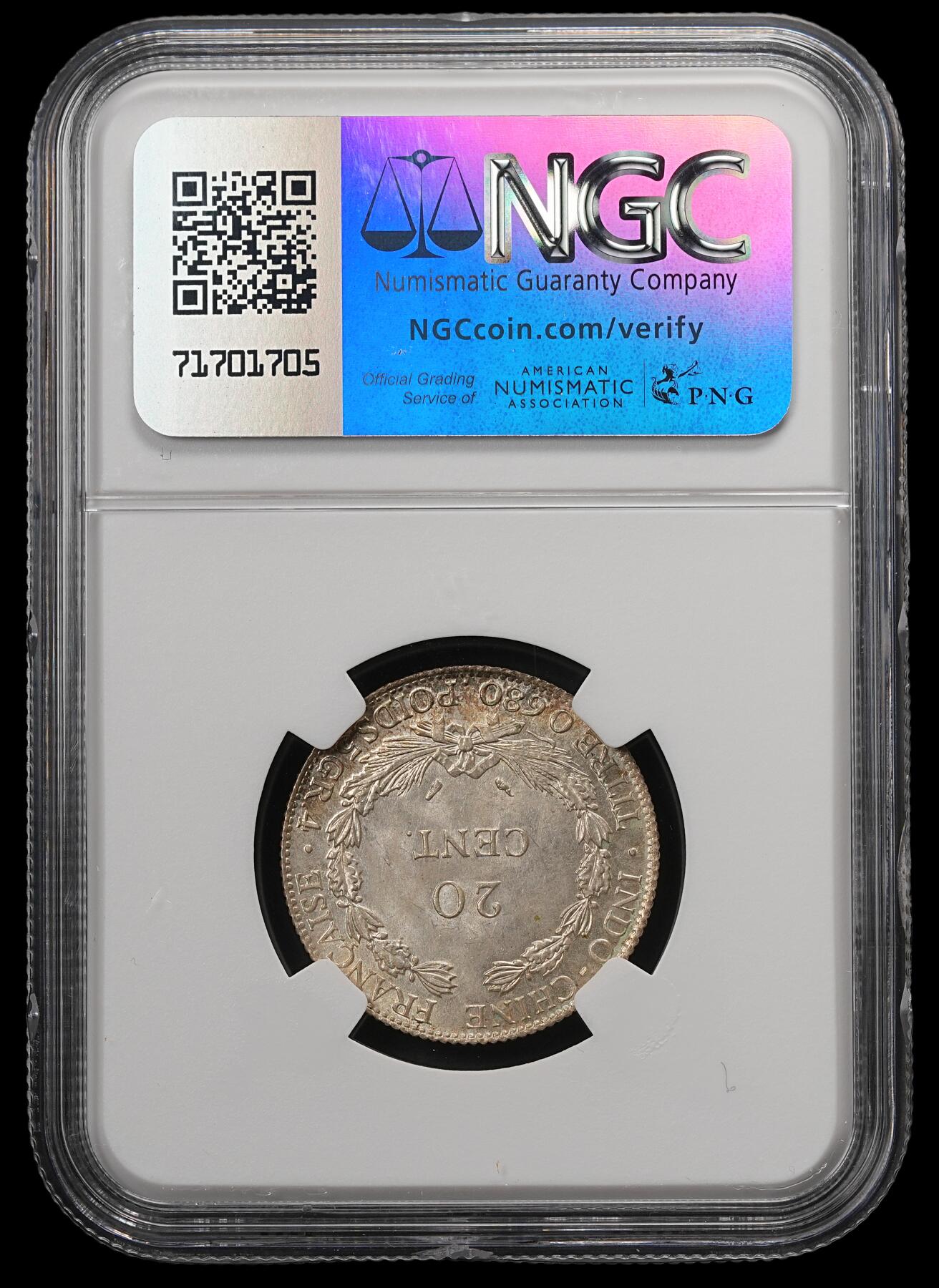 修遠堂世界钱币第五十七期 NGC MS65 1937年法属印支坐人20分银币