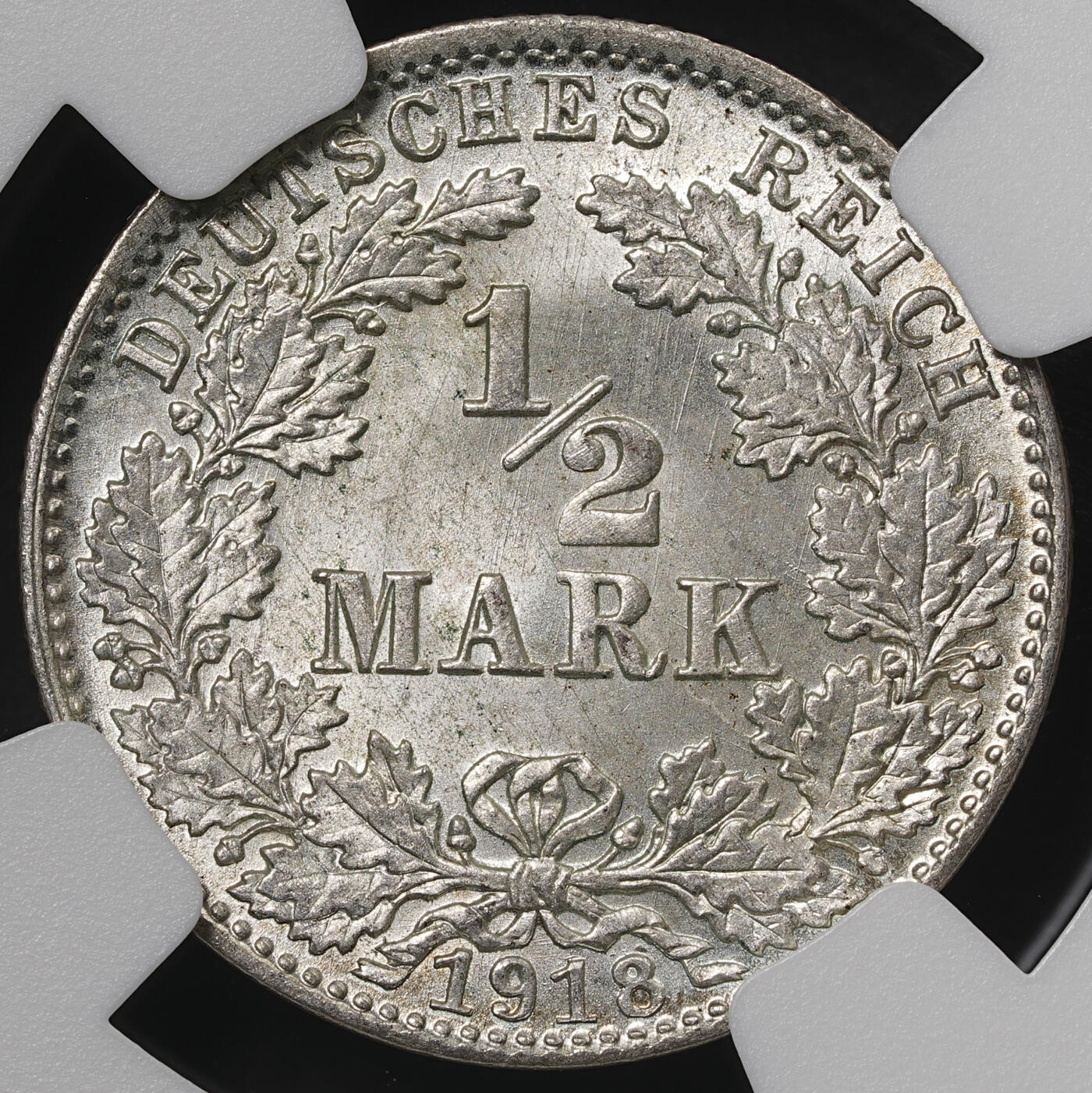 修遠堂世界钱币第五十七期 NGC MS67 1918年德国1/2马克银币 D厂铭