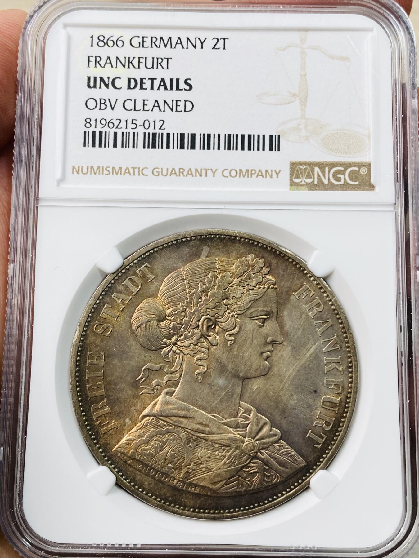 万国钱币拍卖第042期（蛇年首拍） NGC UNCD 1866年德国法兰克福少女流通2泰勒 七彩火烧云包浆非常养眼