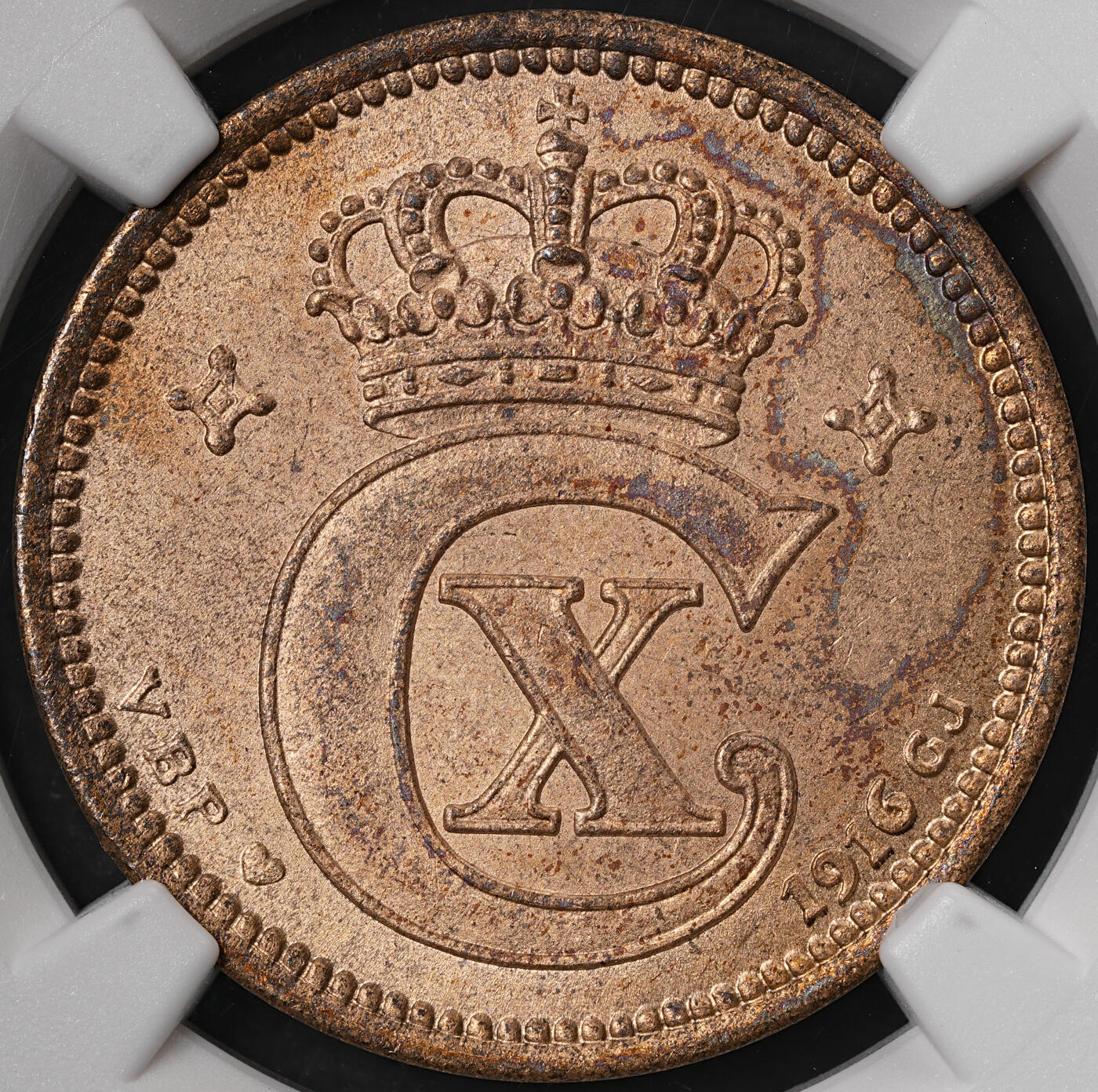 修遠堂世界钱币第五十七期 NGC MS64RB 1916年丹麦5欧尔铜币 较少见年份 铸造量只有80多万枚