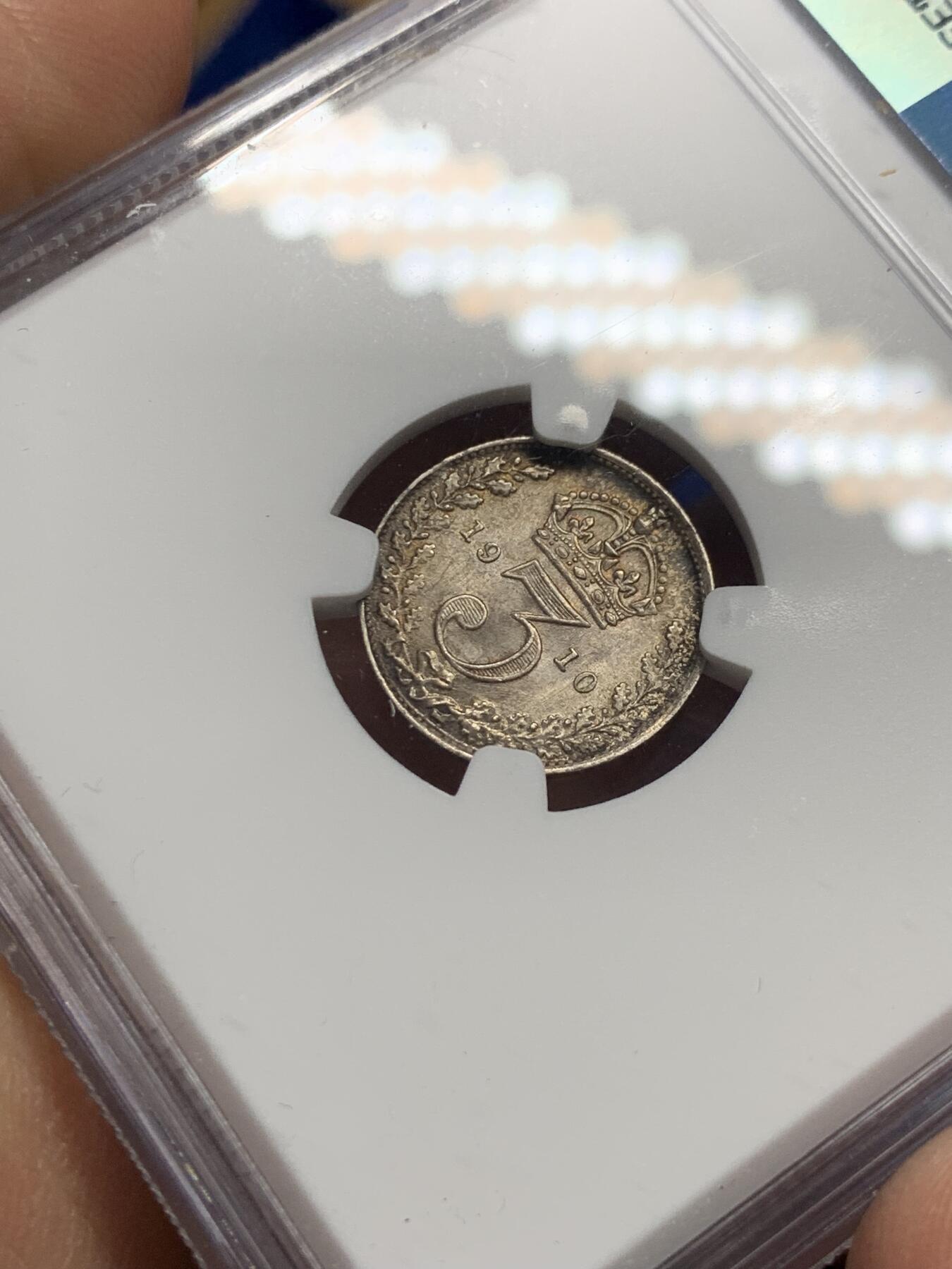 《竞宝斋》第352场 周日，周一 2场连拍 （全场包邮） NGC MS64 英国1910年爱德华七世3便士 包浆很好 高分难得少见年份