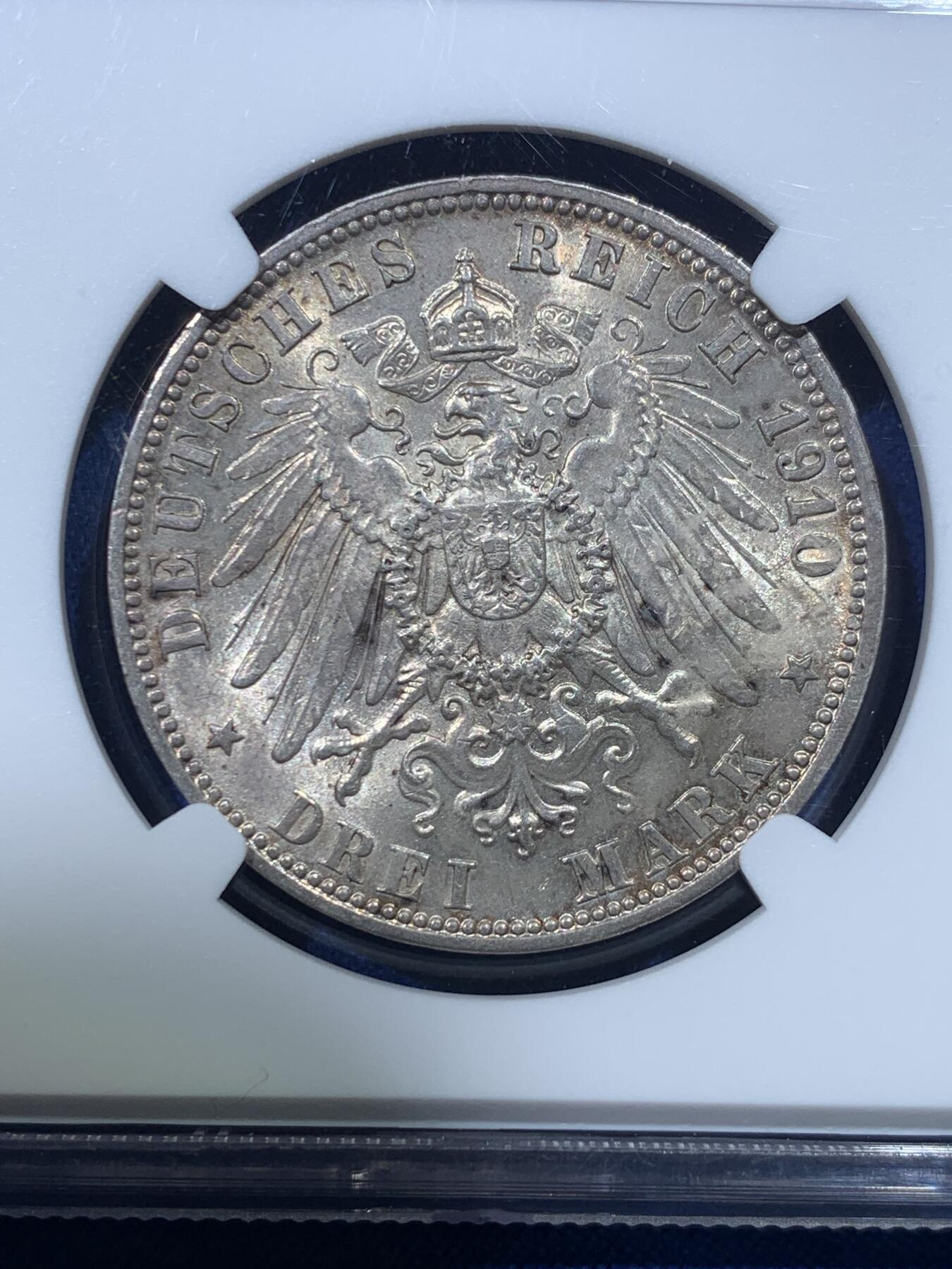 《竞宝斋》第352场 周日，周一 2场连拍 （全场包邮） NGC MS63 德国 符腾堡 1910年 威廉二世 3马克银币 高分少见