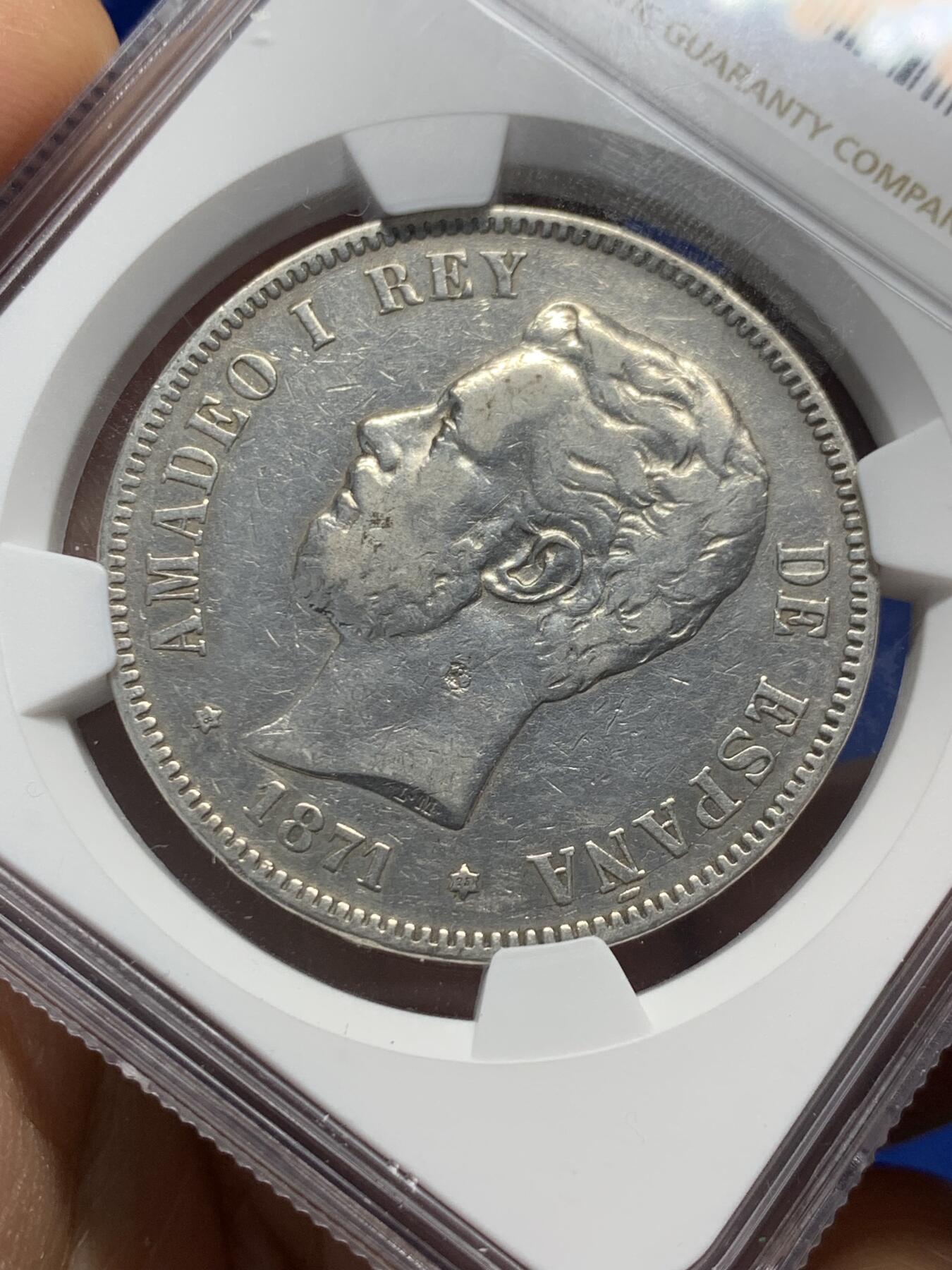 《竞宝斋》第352场 周日，周一 2场连拍 （全场包邮） NGC VFD 西班牙1871年阿玛迪奥一世青年像5比塞塔银币