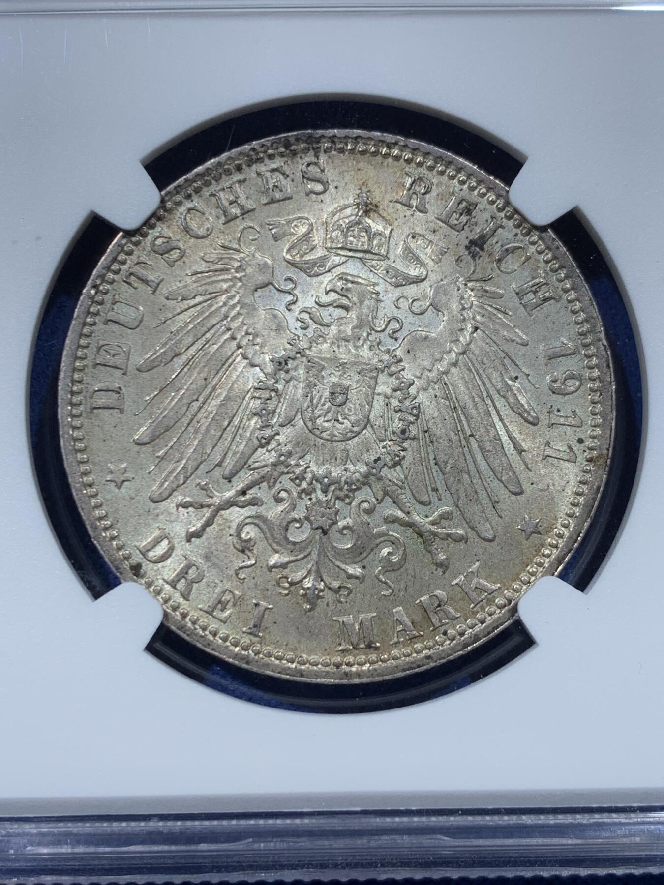 《竞宝斋》第352场 周日，周一 2场连拍 （全场包邮） NGC MS64 德国巴伐利亚1911年利奥波德3马克银币