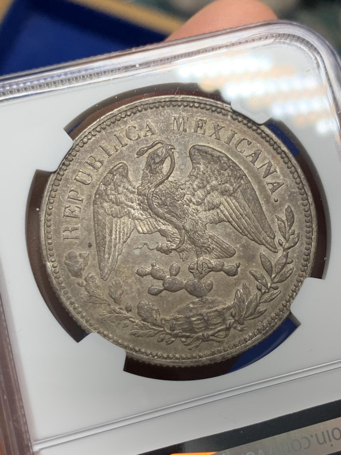《竞宝斋》第352场 周日，周一 2场连拍 （全场包邮） NGC MS63 墨西哥1908年直边大鹰洋 原味少见