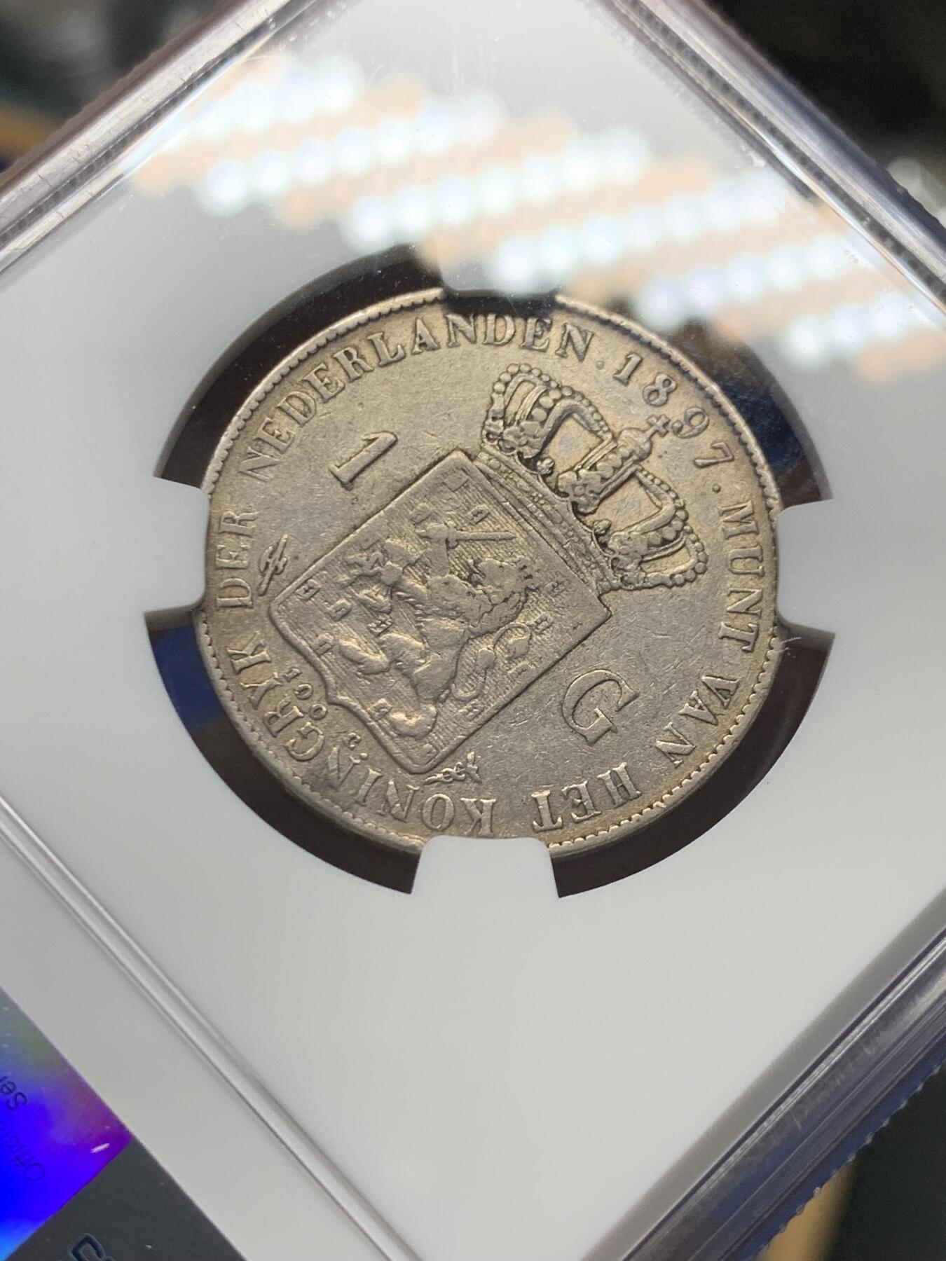 《竞宝斋》第352场 周日，周一 2场连拍 （全场包邮） NGC VF35 荷兰1897年威廉明娜女王萝莉时期1盾银币 出分不易