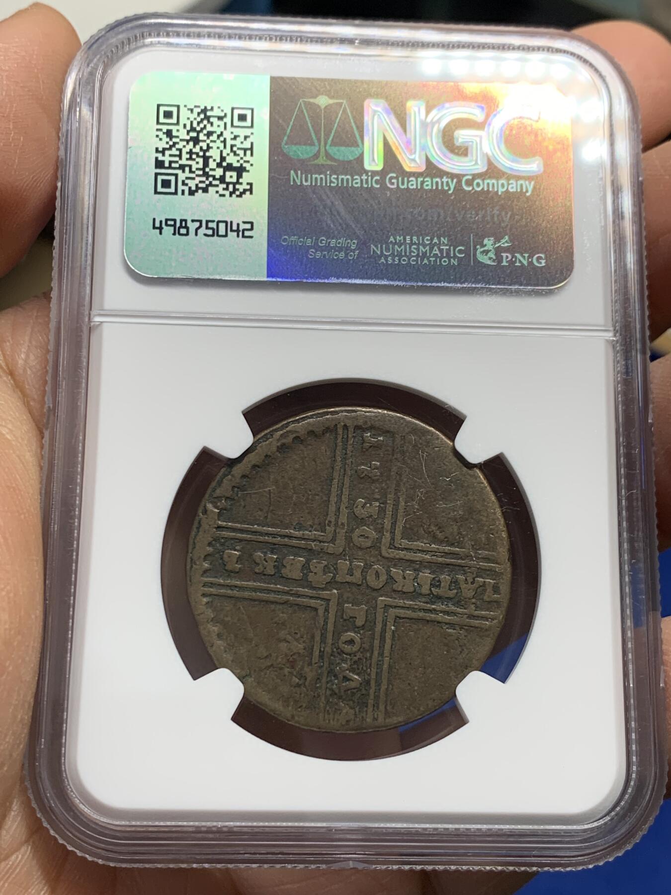 《竞宝斋》第352场 周日，周一 2场连拍 （全场包邮） NGC FINED 1730年MM厂沙俄十字5戈比大铜币 沙俄早期5戈比非常稀少 克书价格很高