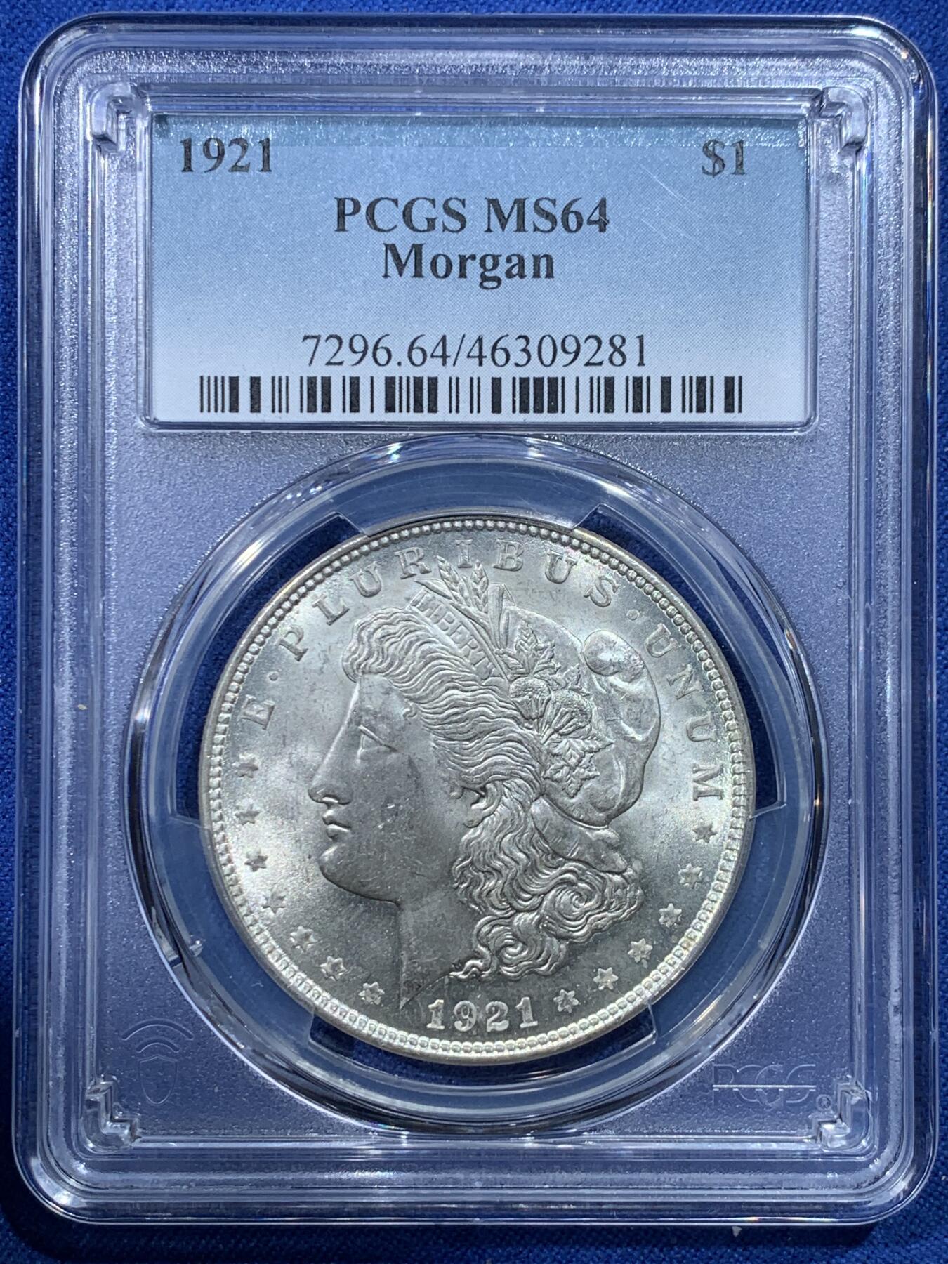 《竞宝斋》第352场 周日，周一 2场连拍 （全场包邮） PCGS MS64 美国1921年1美元摩根银币，品相如图