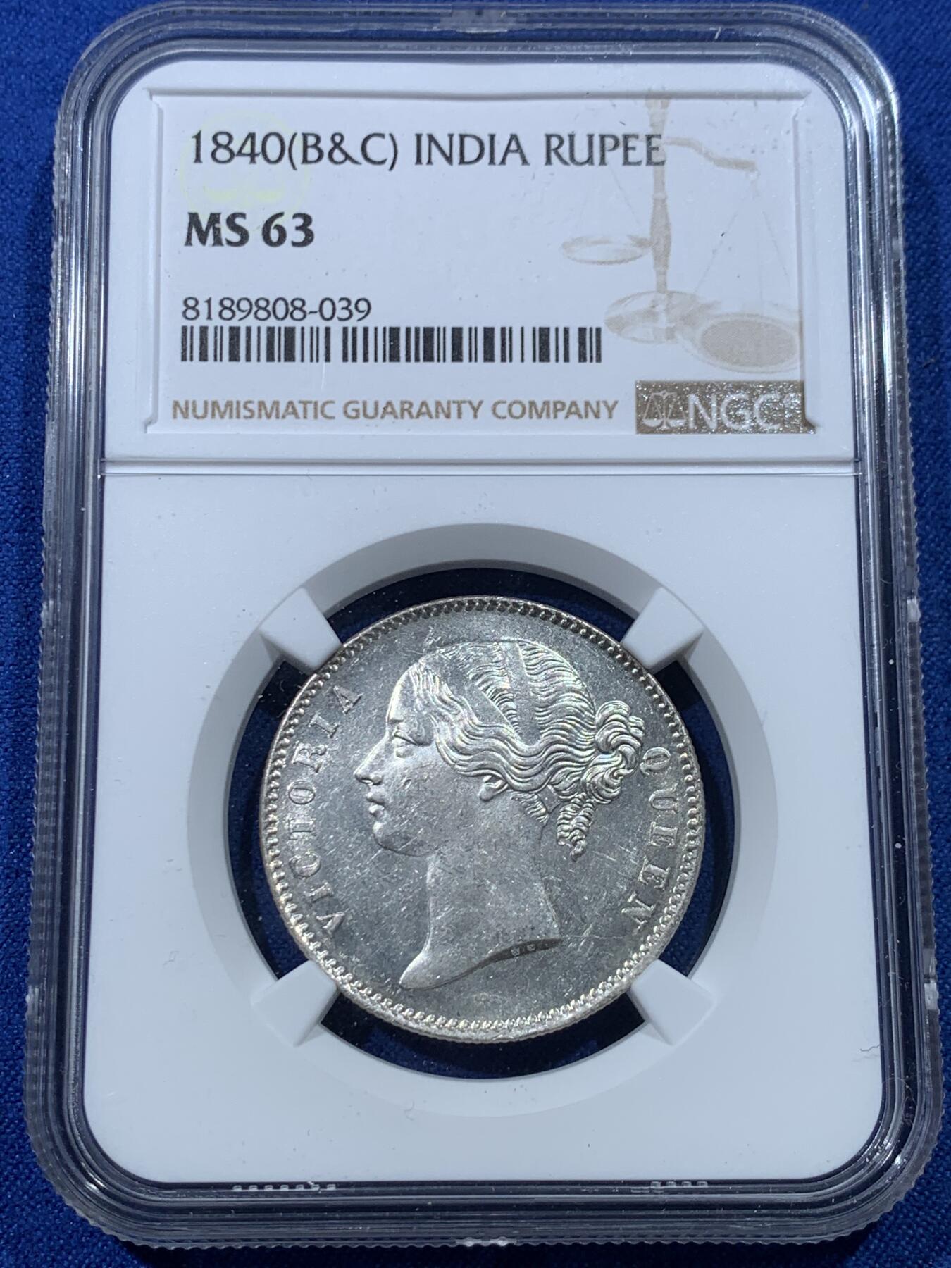《竞宝斋》第352场 周日，周一 2场连拍 （全场包邮） NGC MS63 英属东印度公司1840年维多利亚1卢比银币 双辫版 高分好品